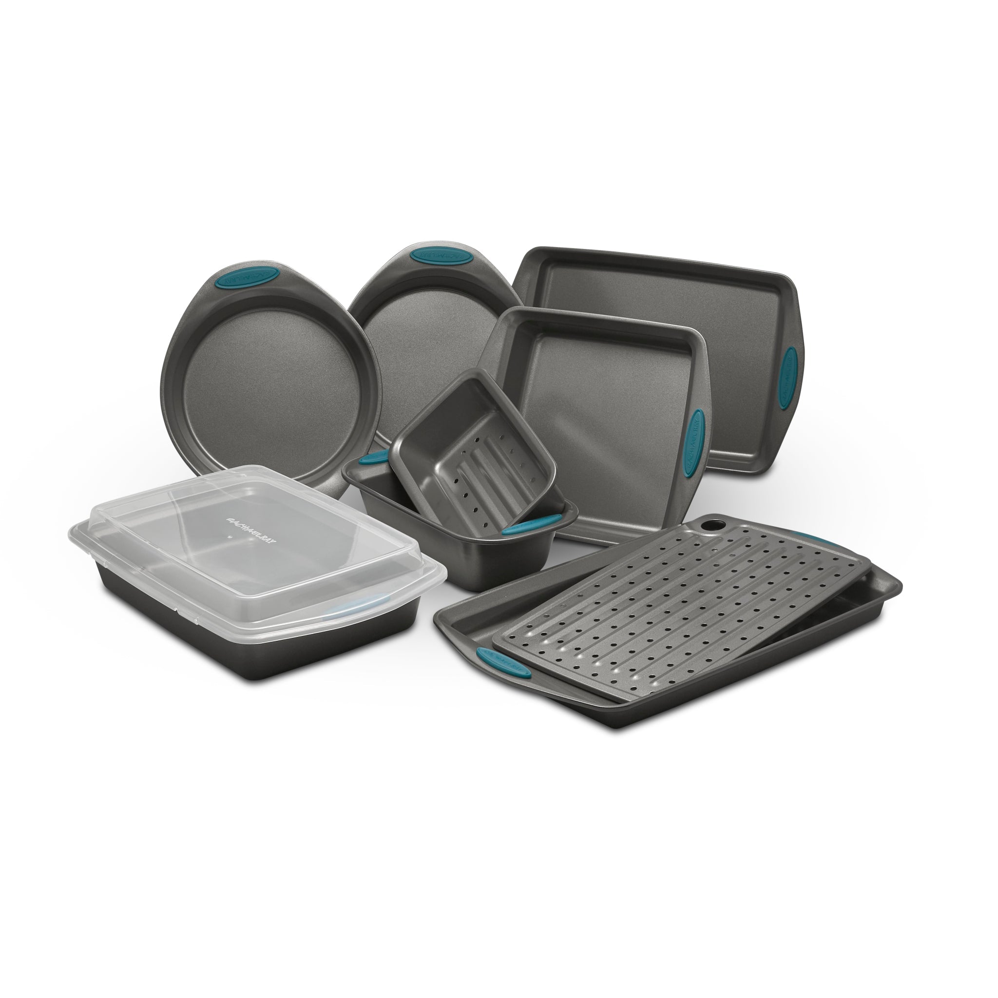 A set of gray nonstick bakeware with teal handles on display.
