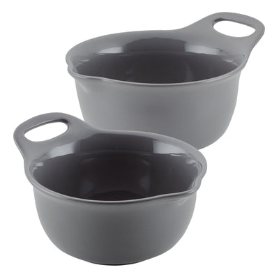 Two gray ceramic mixing bowls with handles and pour spouts.