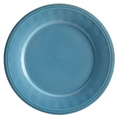 A plain blue ceramic plate with a smooth, glossy surface.