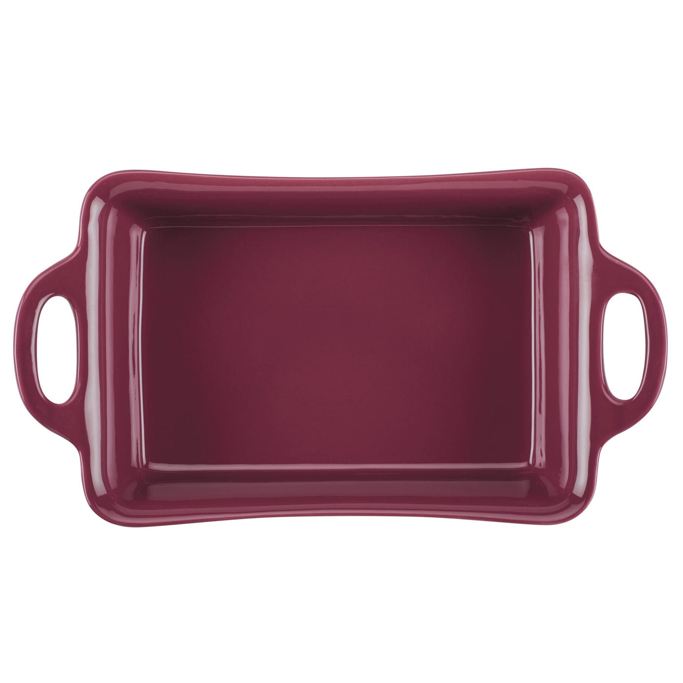 Rectangular maroon baking dish with handles on both sides.