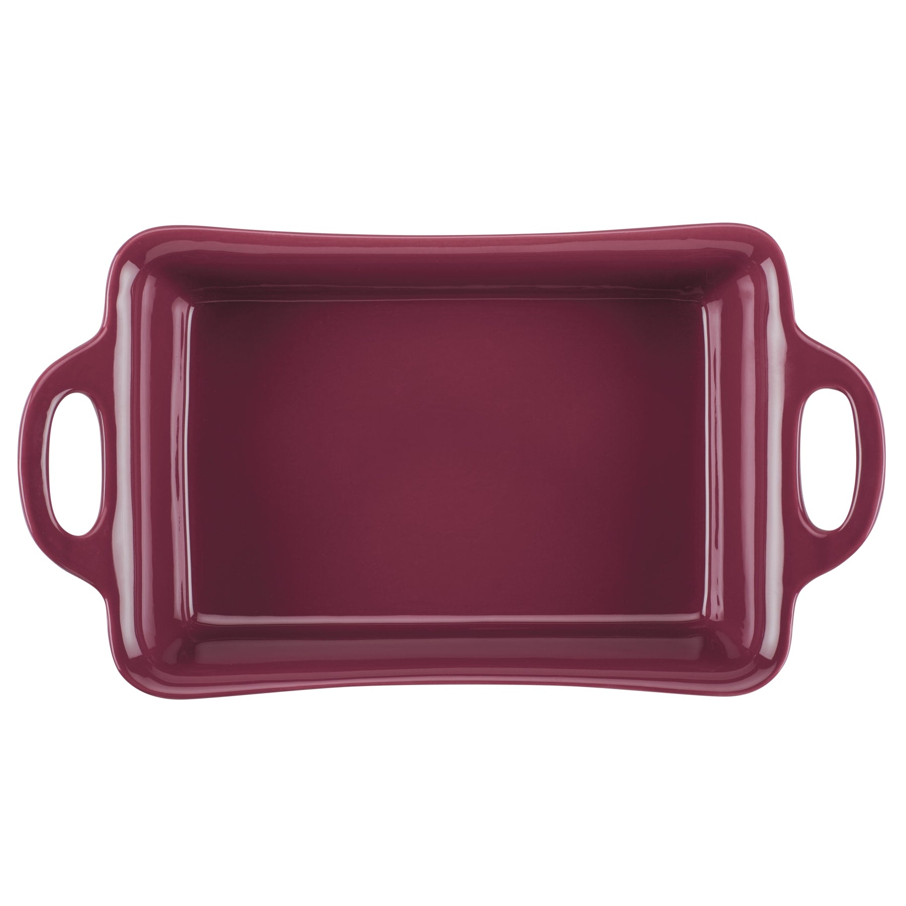 Rectangular maroon baking dish with handles on both sides.