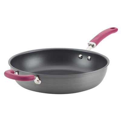 Nonstick frying pan with a purple handle and an additional side grip.