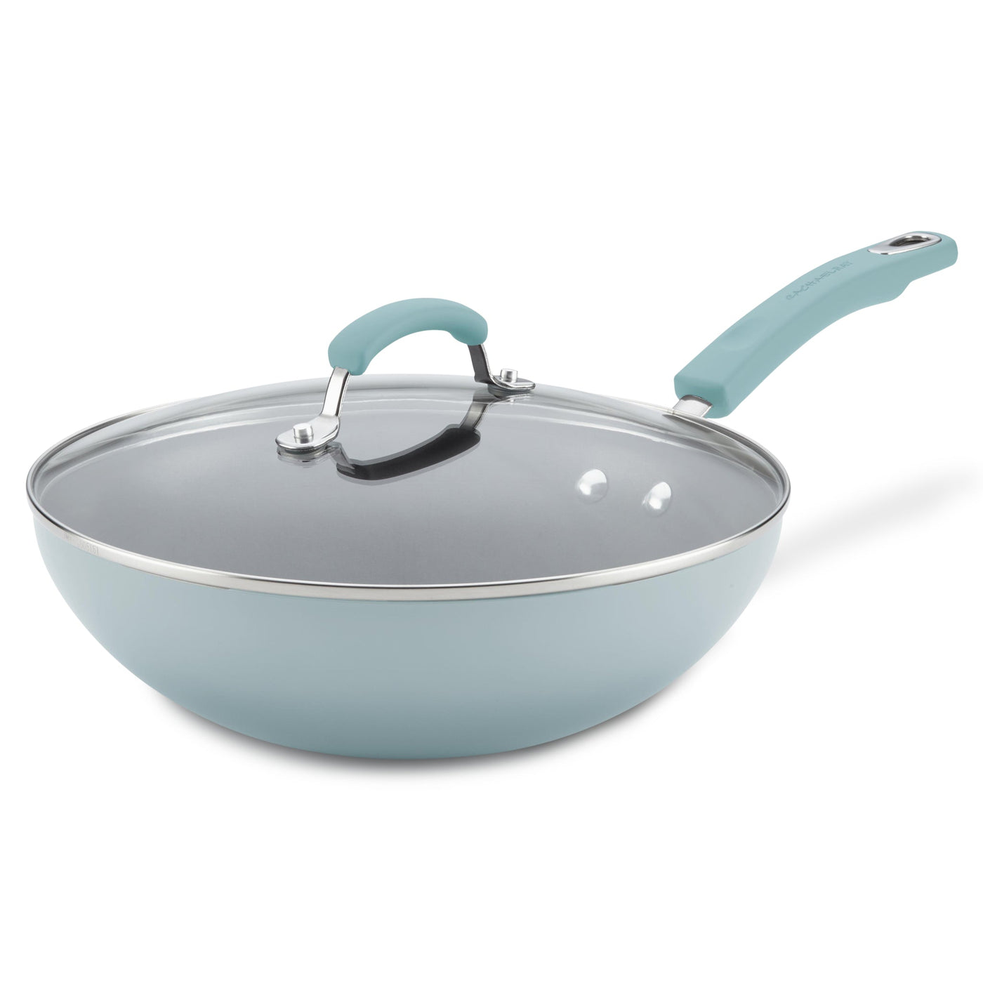 Light blue non-stick frying pan with a glass lid and ergonomic handle.