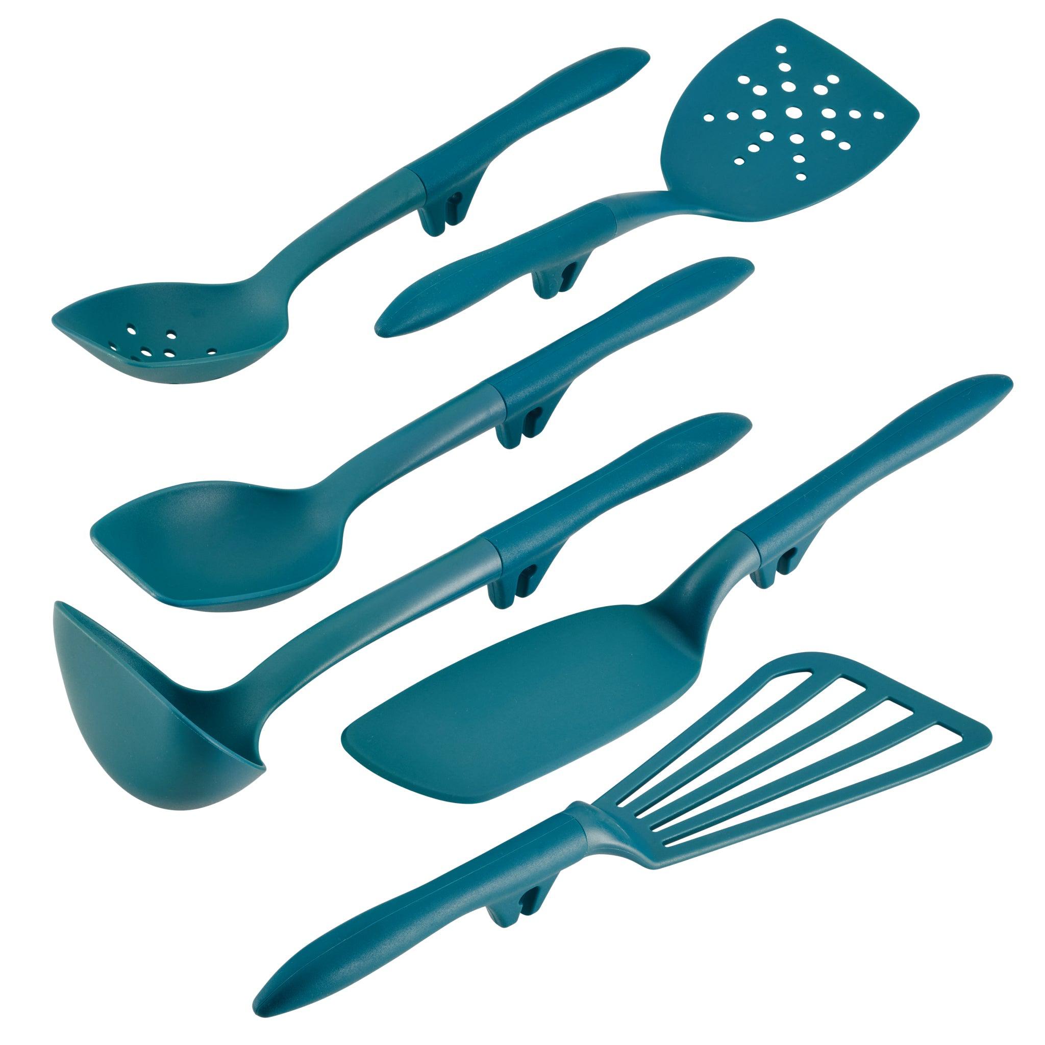 Set of six teal kitchen utensils arranged in a row.