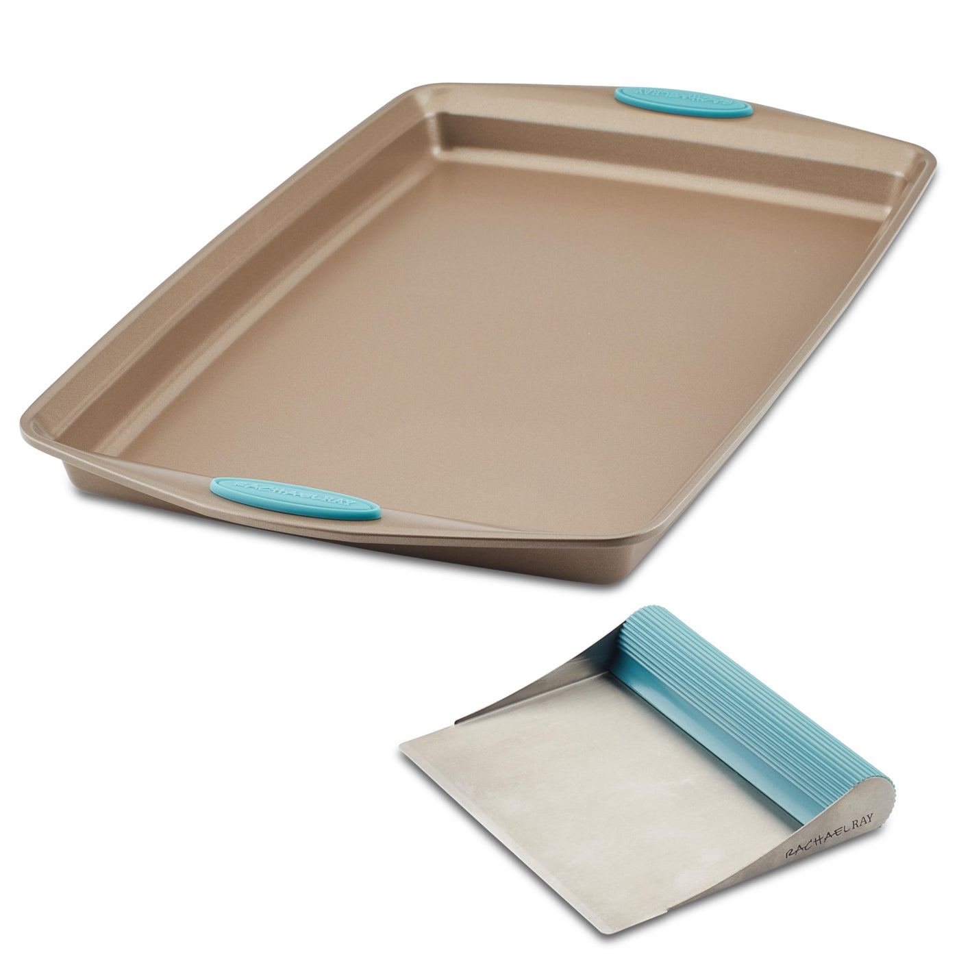 Baking sheet and spatula with colorful handles on a white background.
