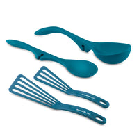 Set of blue kitchen utensils including spatulas, ladle, and serving spoon.