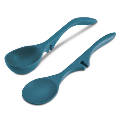 Two teal kitchen spoons with ergonomic handles on a white background.