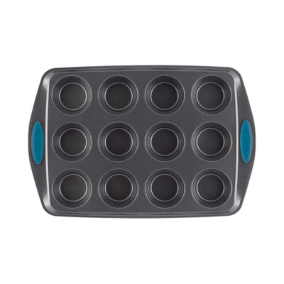 Non-stick 12-cup muffin pan with blue silicone handles.