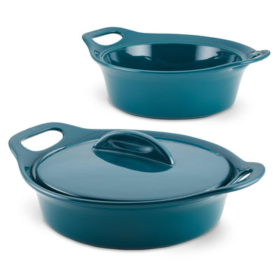 Two teal ceramic casserole dishes, one with a lid and one without.