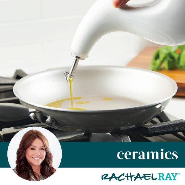 Someone pouring oil into a ceramic pan on a stove.