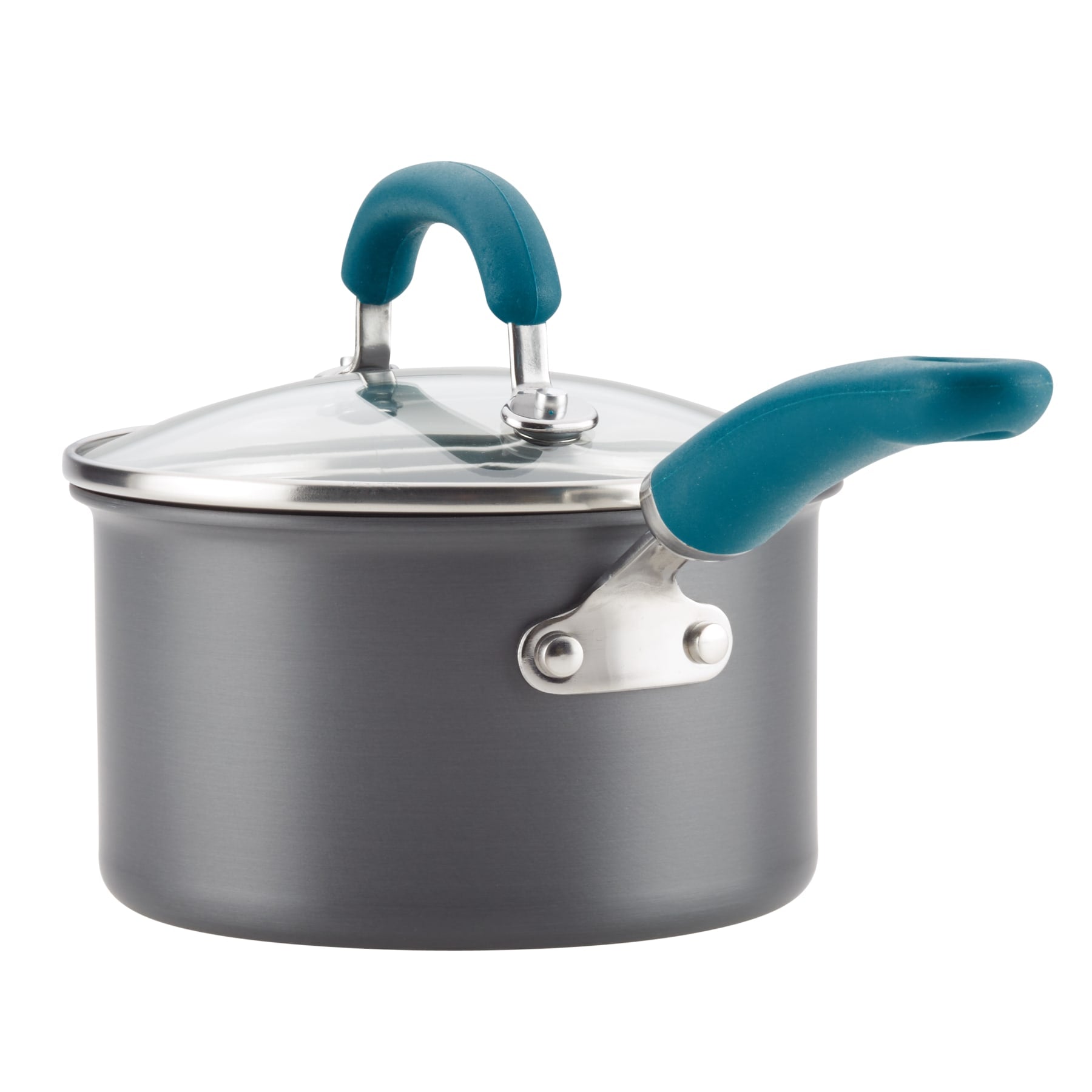 A gray saucepan with a lid and blue handles.