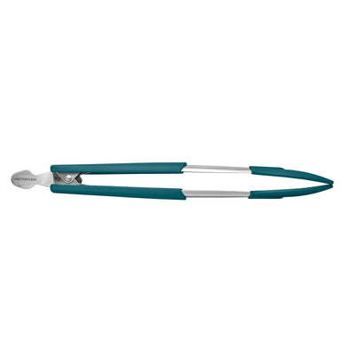 Metal kitchen tongs with teal silicone grips on both ends.