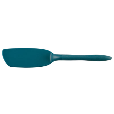 Teal silicone spatula on a white background.