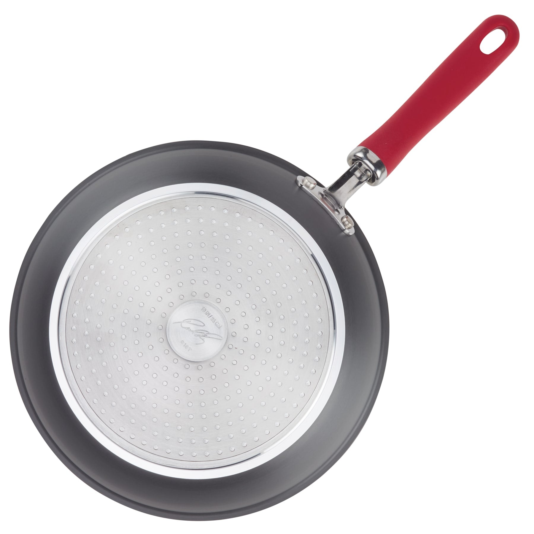 Non-stick frying pan with a red handle and silver bottom.