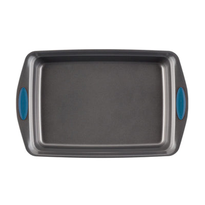 Rectangular baking pan with blue grips on the handles.