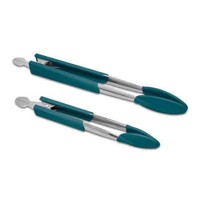 Two metal kitchen tongs with teal silicone grips, one larger than the other.