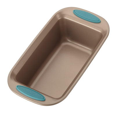 Rectangular baking pan with teal silicone grips.