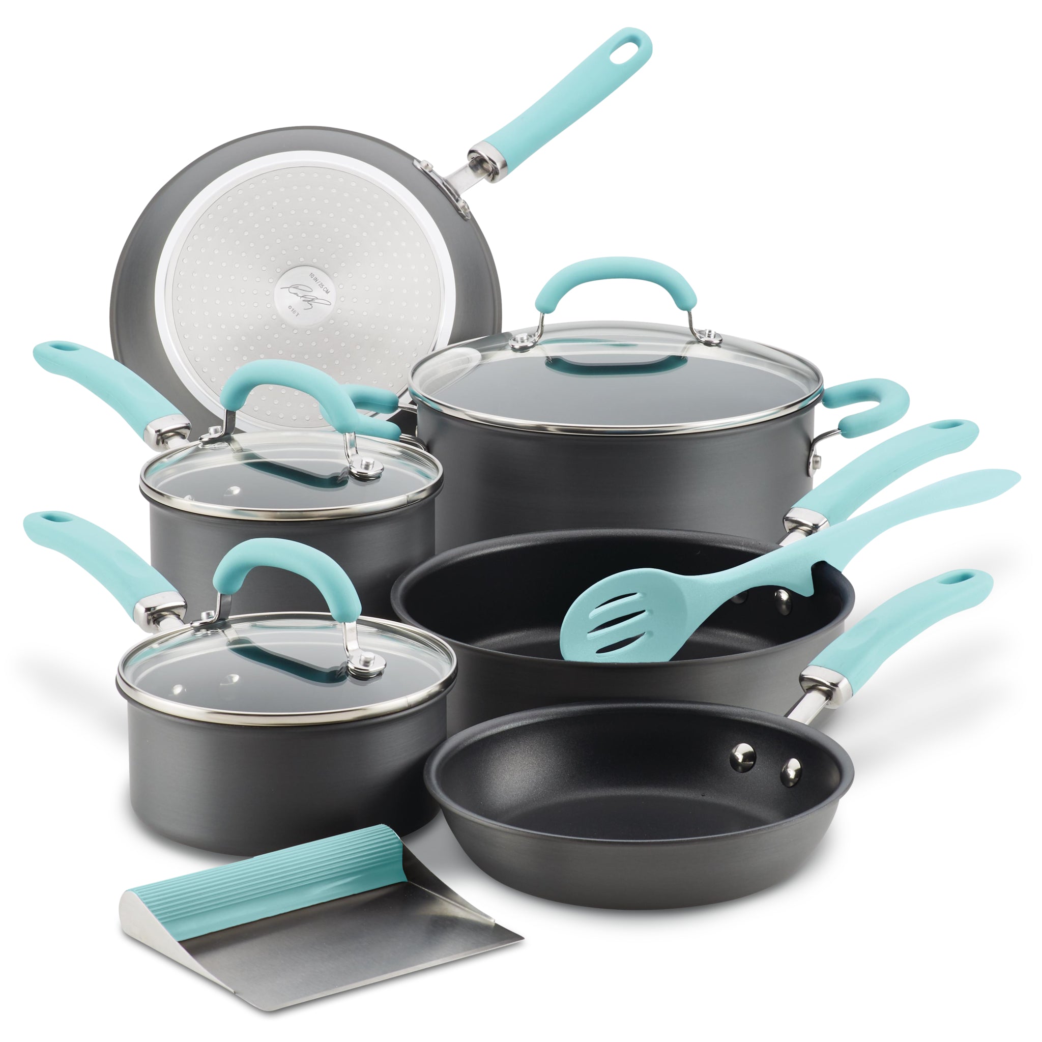 Cookware set with teal handles and utensils on a white background.