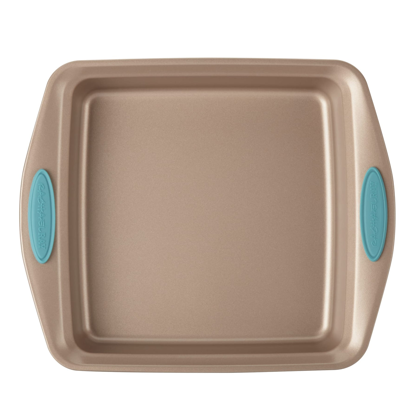 Square baking pan with turquoise silicone grips on handles.