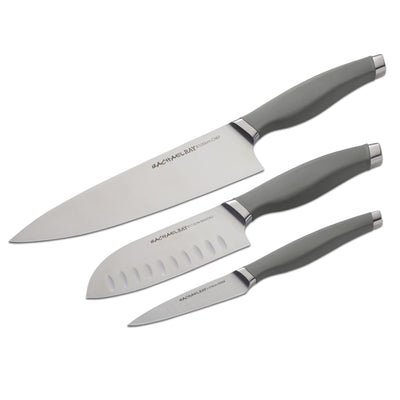 Three stainless steel kitchen knives with gray handles on a white background.