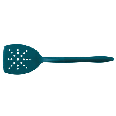 Teal plastic slotted spatula with star-shaped holes on the head.