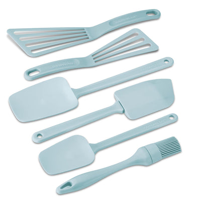 Set of six light blue kitchen utensils arranged on a white surface.