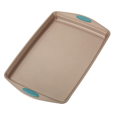 Rectangular baking sheet with teal silicone grips on each end.