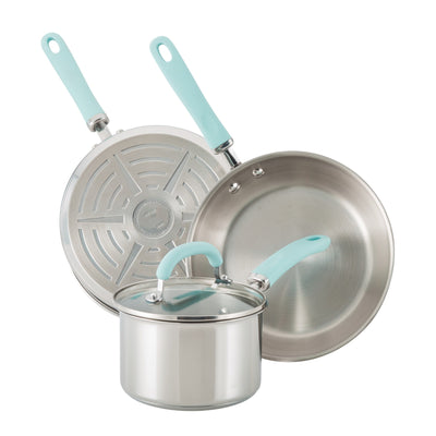 Three stainless steel cookware pieces with light blue handles.