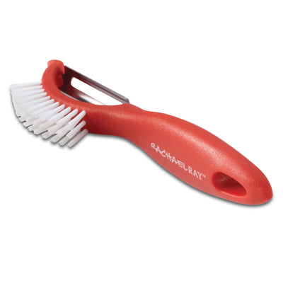 Red multi-purpose brush with white bristles and a peeler attached.