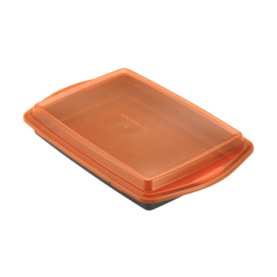 Orange plastic food container with a matching lid, viewed from the top.