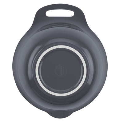 Top view of a gray, round, plastic bowl with a handle.