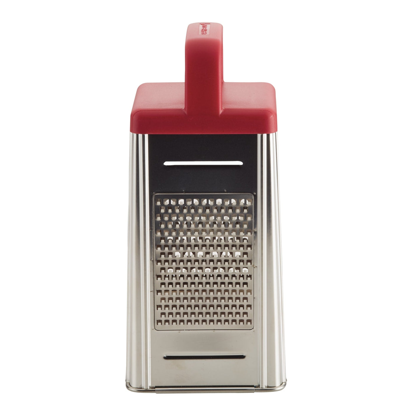 Box grater with a red handle and stainless steel sides.