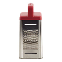 Box grater with a red handle and stainless steel sides.