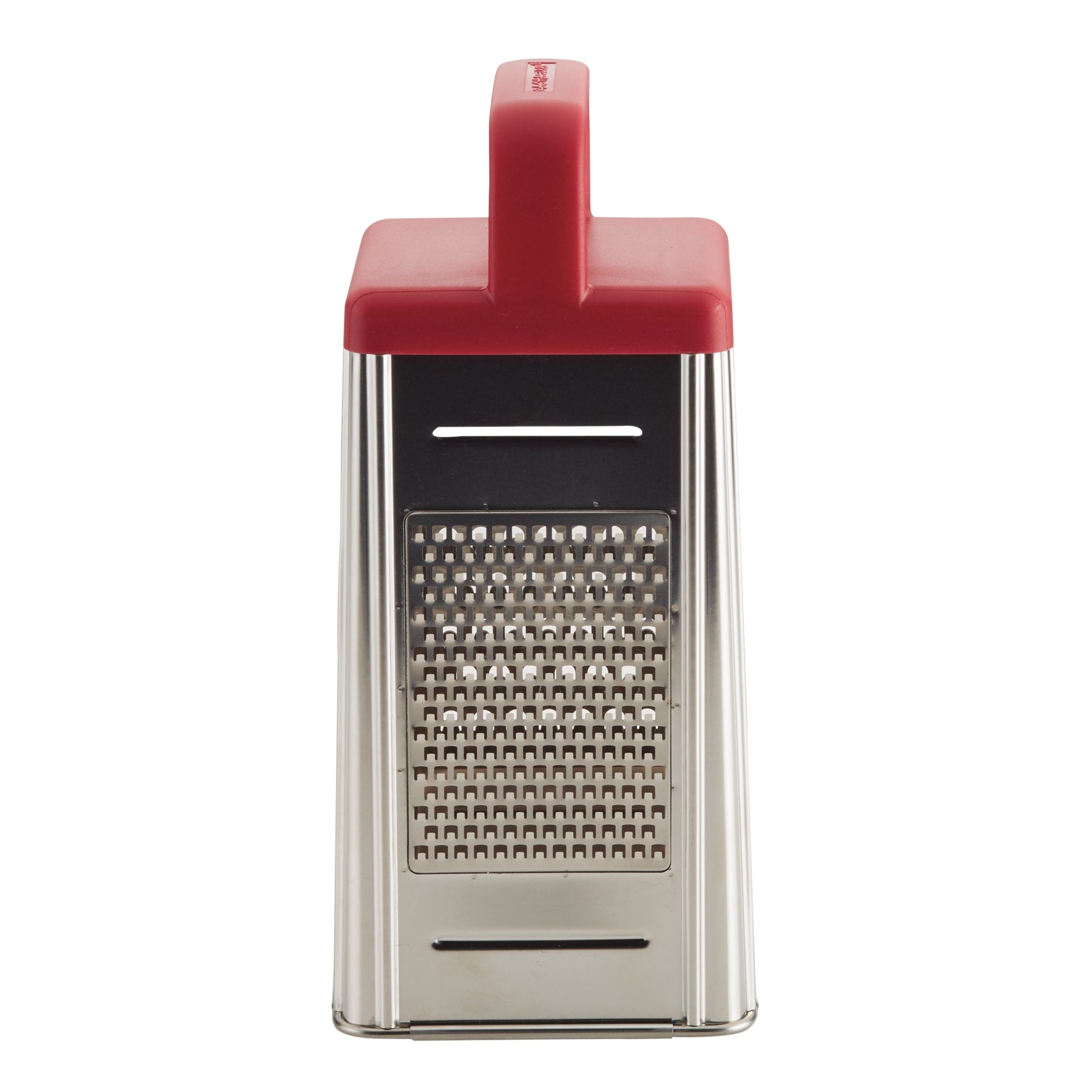 Box grater with a red handle and stainless steel sides.