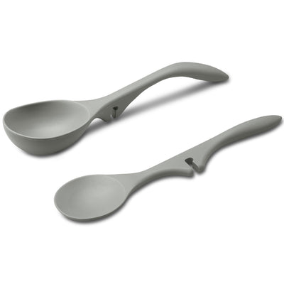 Two gray kitchen ladles with hooks on their handles.