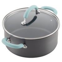 A 10-piece hard-anodized nonstick cookware set with glass lids and blue handles.
