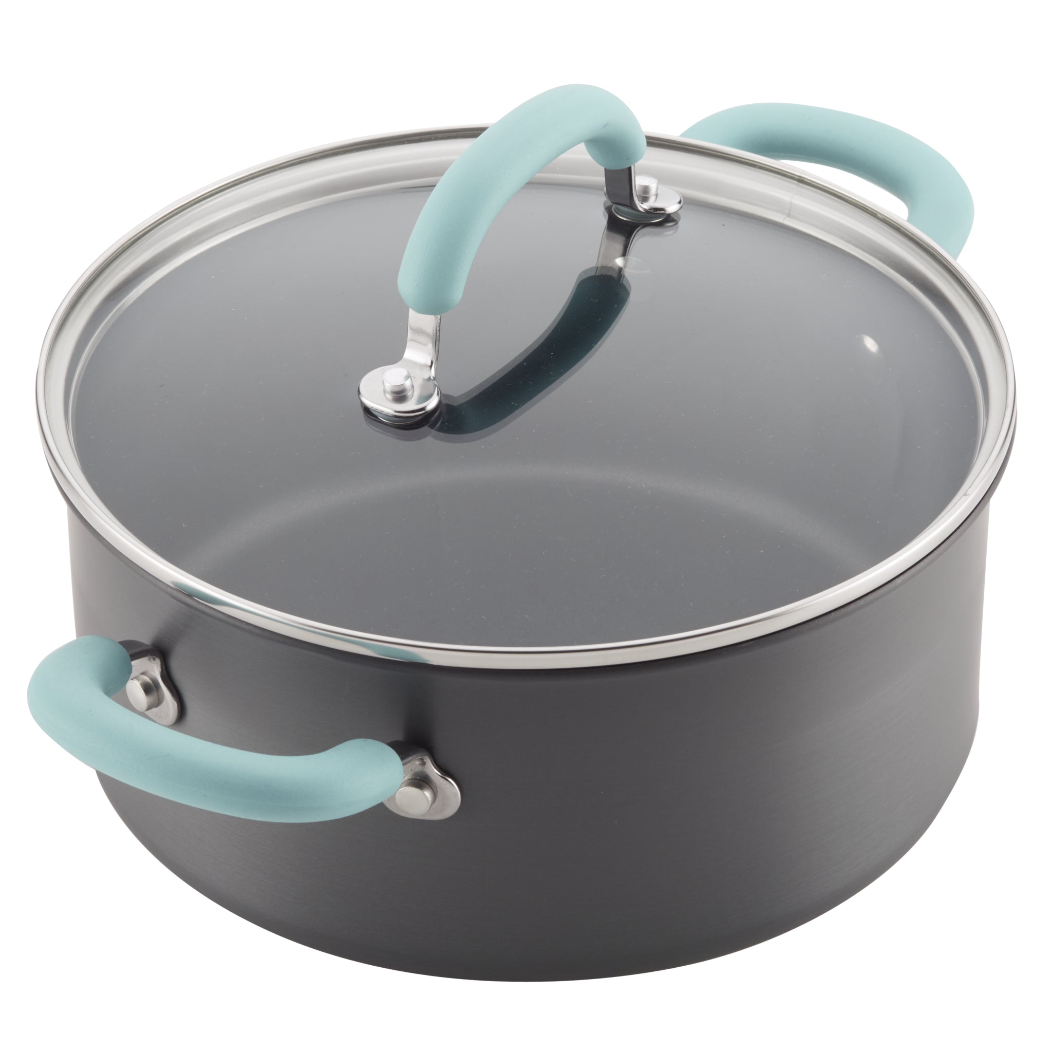 A 10-piece hard-anodized nonstick cookware set with glass lids and blue handles.