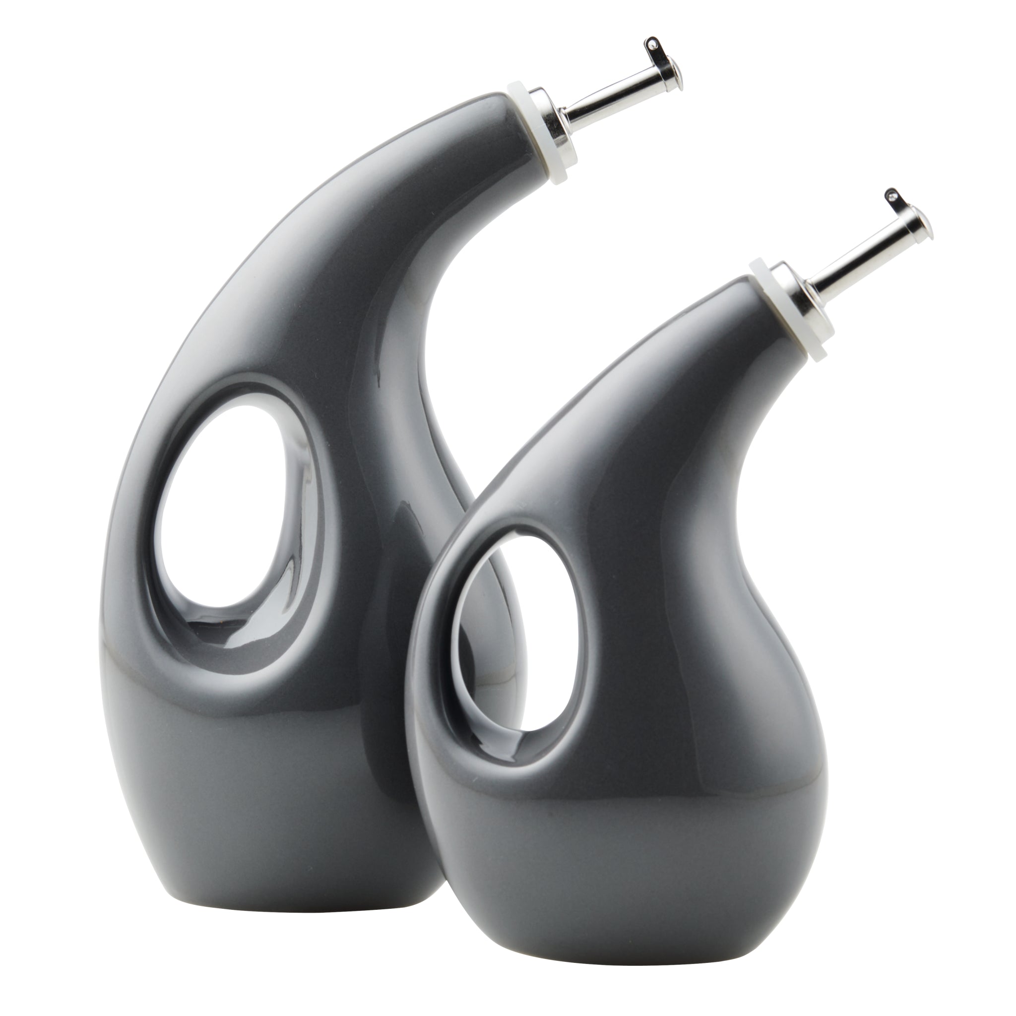 The sleek design of the silver-spouted and handle-opened grey ceramic Rachael Ray 2-Piece EVOO and Vinegar Bottle Set makes it ideal for dispensing your finest EVOO.