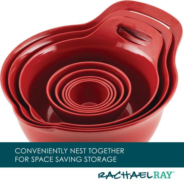 10-piece Mix, Measure, and Utensil Set with red nesting mixing bowls featuring handles, a perfect addition to your kitchen essentials, branded Rachael Ray.