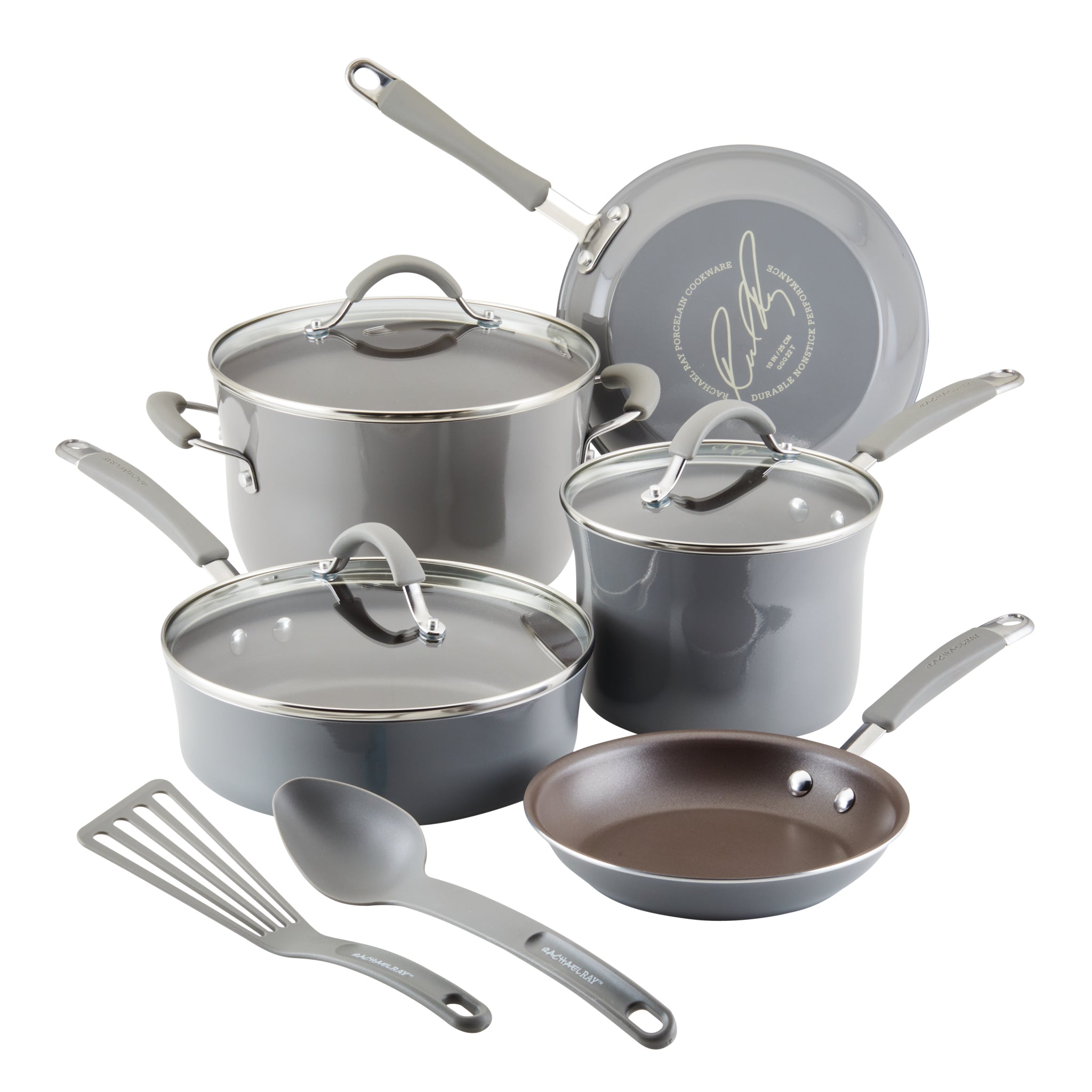 This 10-Piece Cucina Nonstick Cookware Set in gray features durable pots, pans, shatter-resistant glass lids, and useful utensils, making it ideal for any kitchen.