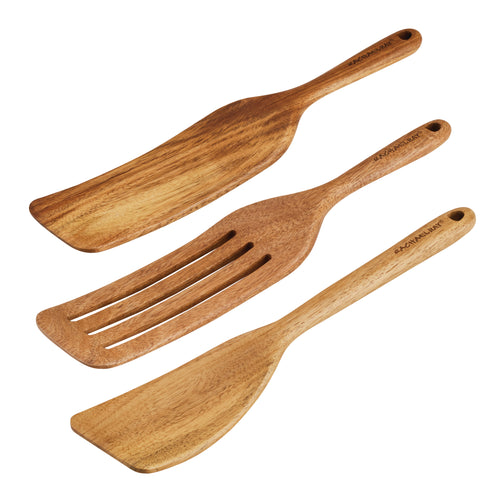 The Acacia Wood Tool Sets consisting of three kitchen spatulas, designed with spurtle versatility, rest elegantly on a white background. They are perfectly safe for nonstick cookware, ensuring both functionality and style in your culinary adventures.