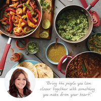 A variety of Mexican dishes and a smiling woman with a quote about cooking enhance the scene, while the 10-Piece Cucina Nonstick Cookware Set, featuring rubberized stainless steel handles, ensures every dish is crafted to perfection.