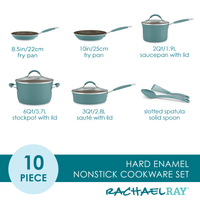 The 10-Piece Cucina Nonstick Cookware Set includes vibrant blue pots, pans, and utensils with shatter-resistant glass lids.