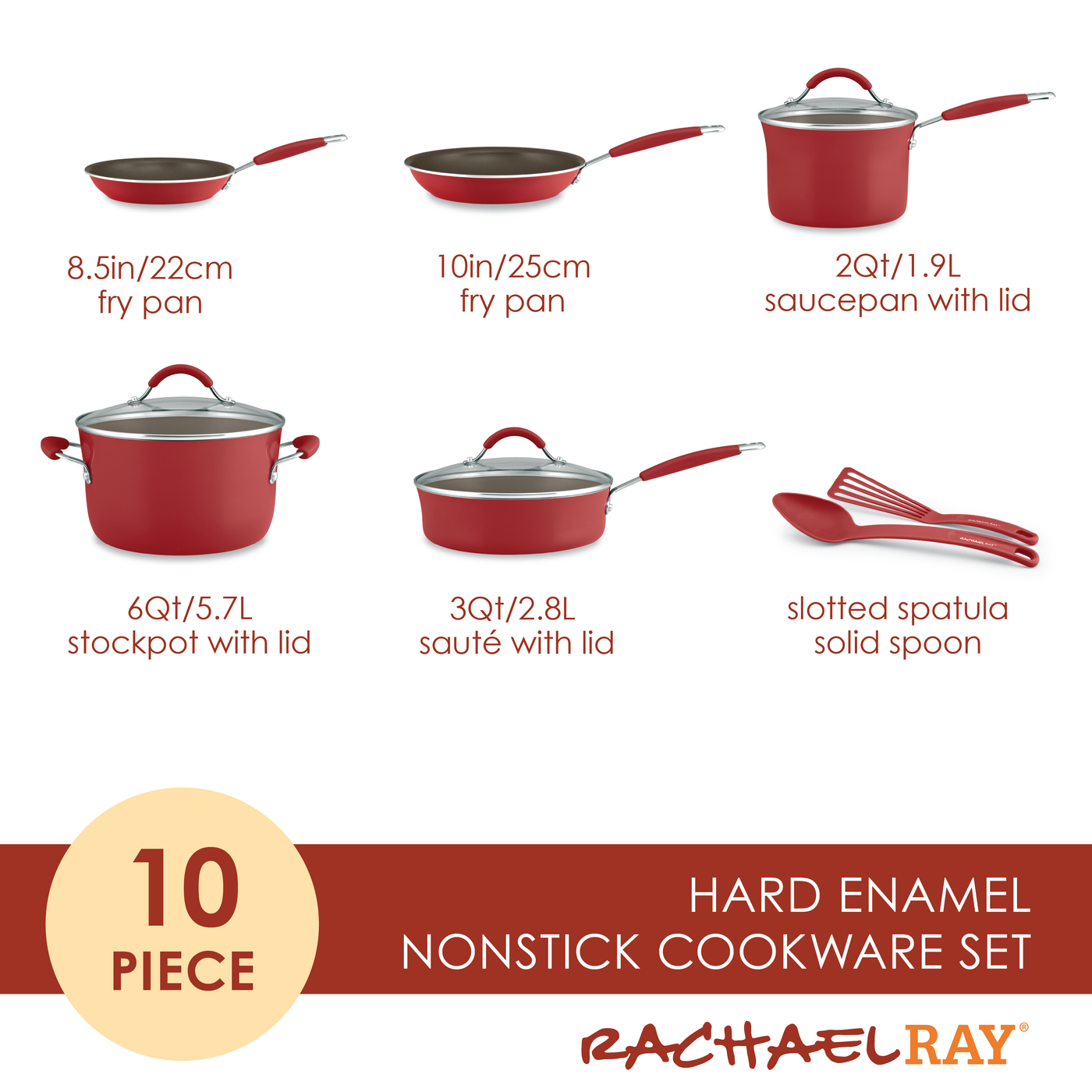 Red 10-Piece Cucina Nonstick Cookware Set, including saucepans, fry pans, and utensils with espresso-colored nonstick surfaces and rubberized stainless steel handles.