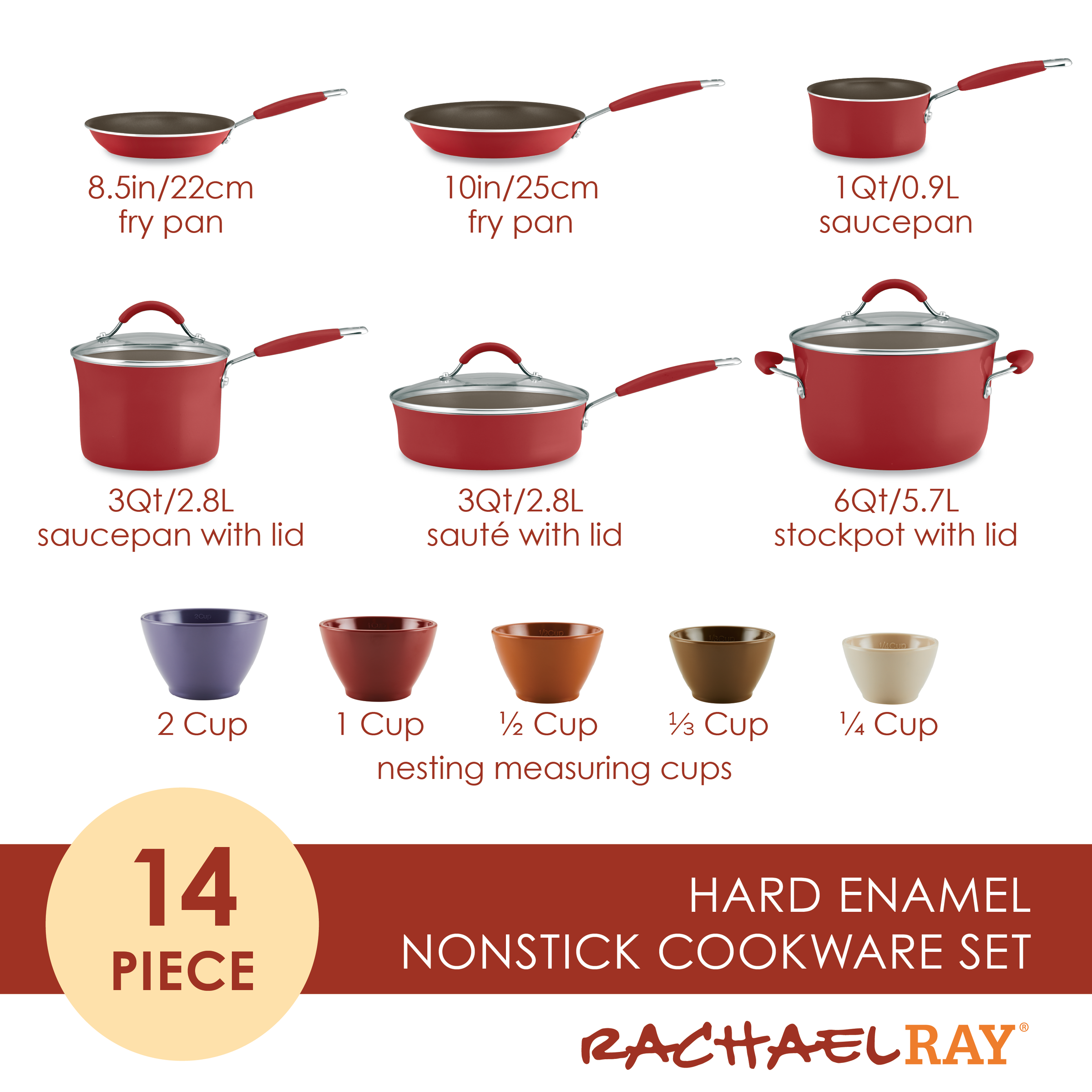 14-Piece Nonstick Cookware and Measuring Cup Set | Cranberry Red