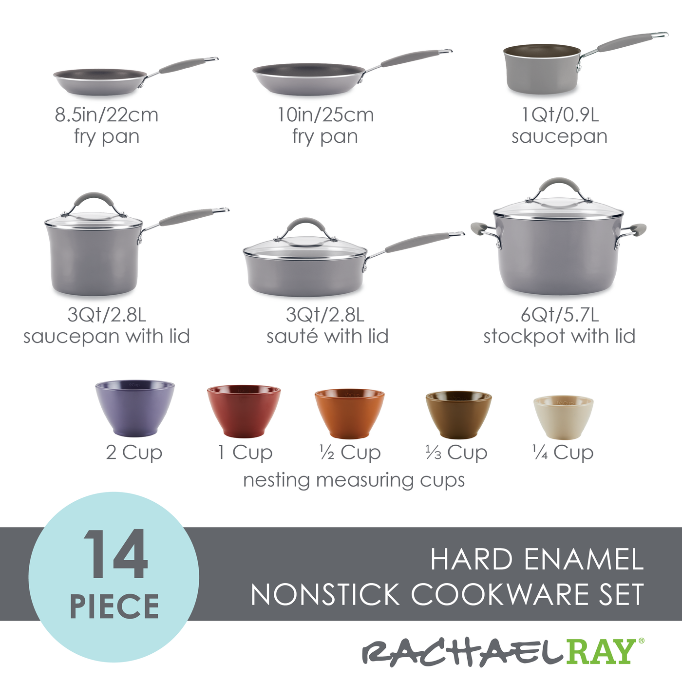 14-Piece Nonstick Cookware and Measuring Cup Set | Sea Salt Gray
