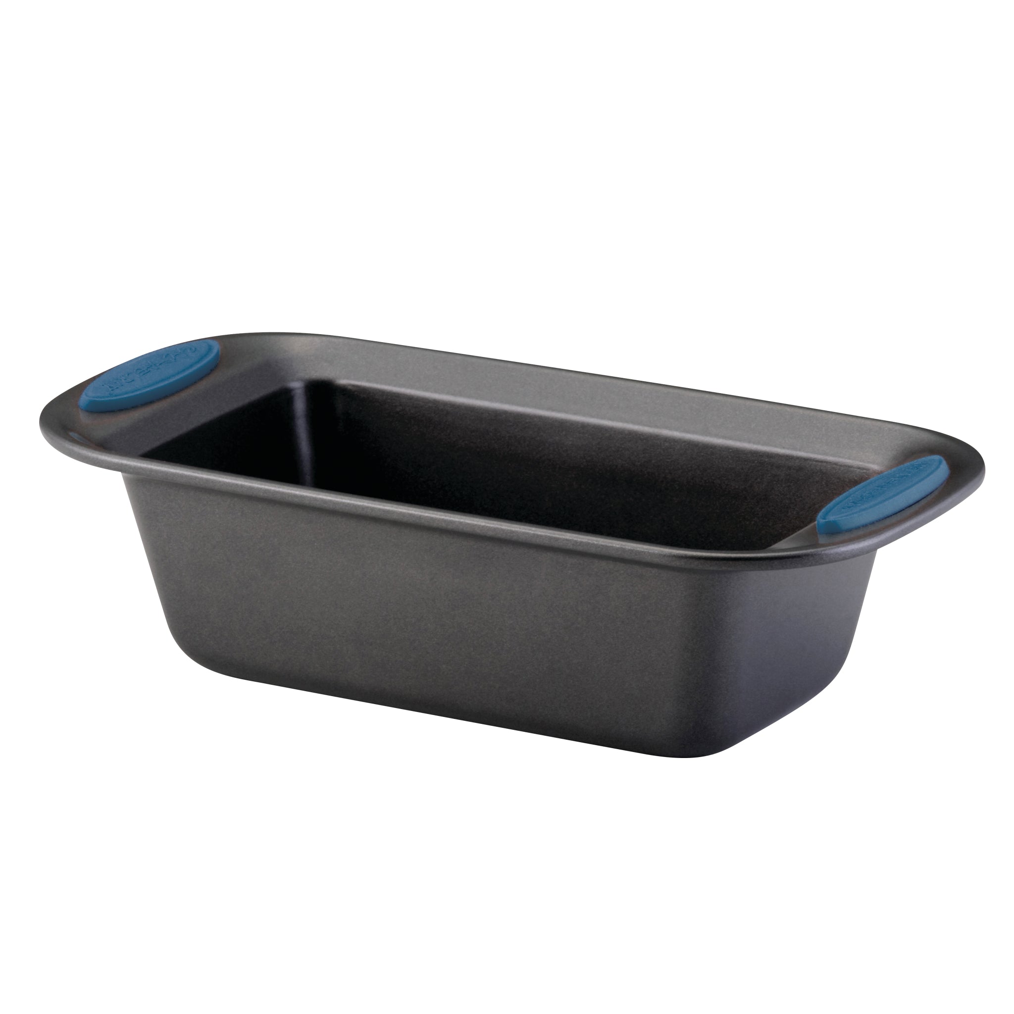 Introducing the 9-Inch x 5-Inch Nonstick Loaf/Meatloaf Pan, crafted from heavy gauge steel with a sleek black rectangular design and enhanced by blue silicone grips, ideal for oven-safe baking.
