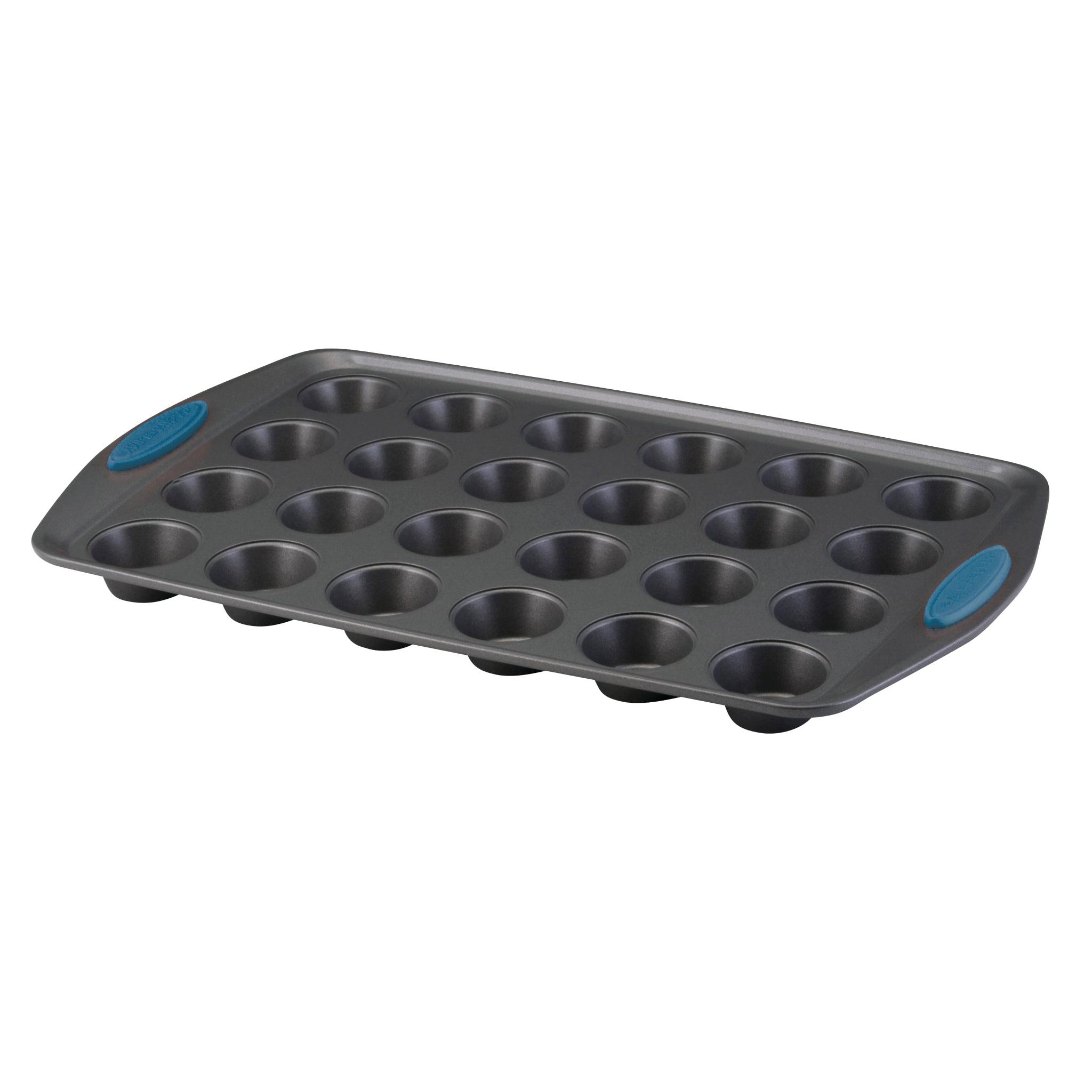 The 24-Cup Nonstick Mini Muffin Pan features blue silicone grips and is ideal for baking delicious mini muffins. It's oven safe, making baking convenient every time.