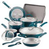 13-Piece Nonstick Induction Cookware Set with utensils and baking sheet on display.