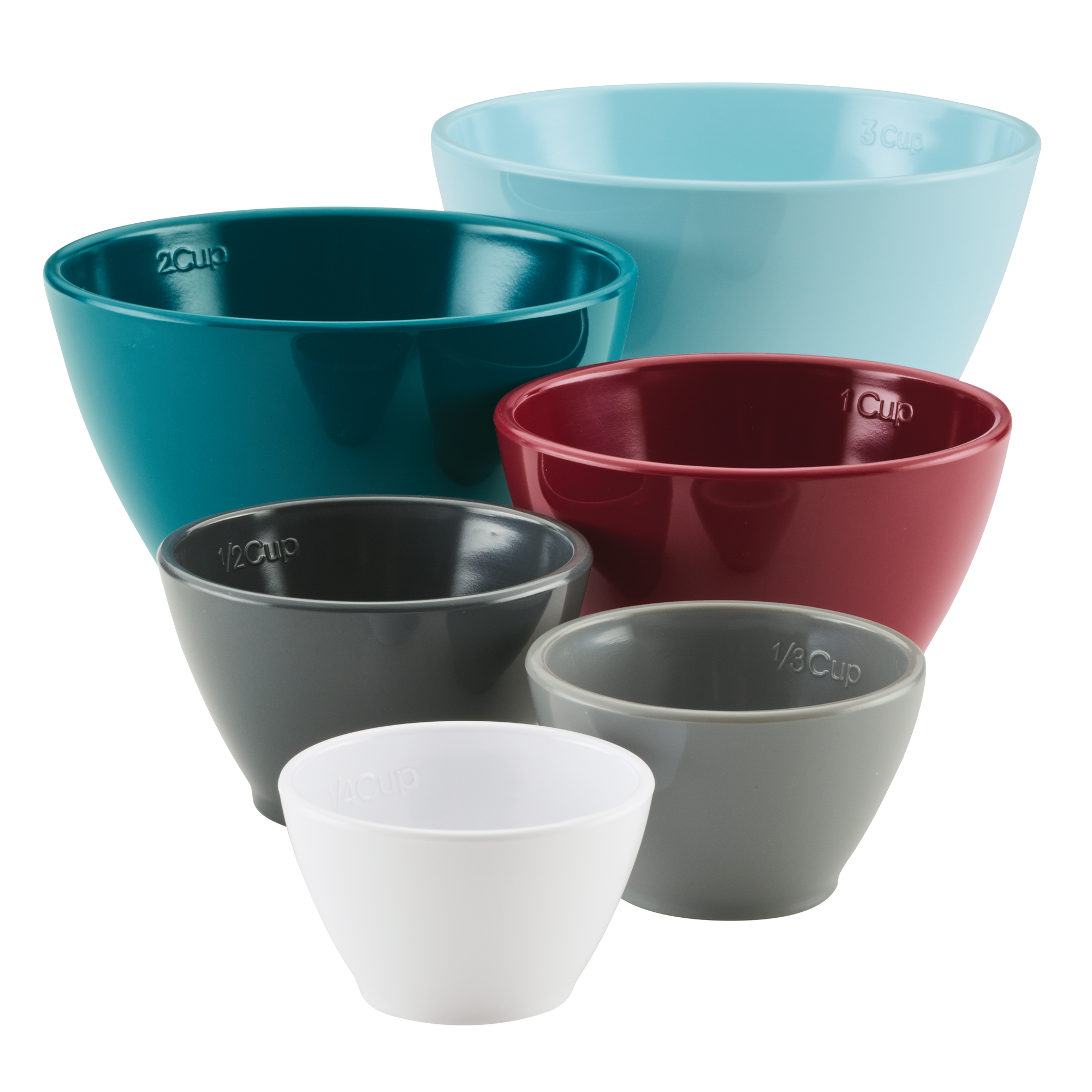 Set of six durable, colorful melamine measuring cups in varying sizes, all conveniently dishwasher safe.